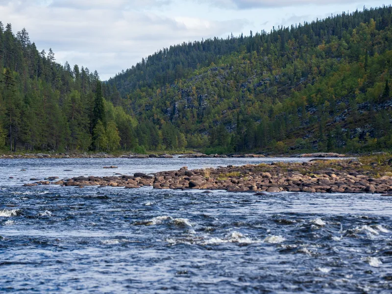 A bend of the river under forested hills